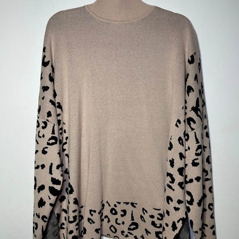 Leopard High Neck Side Slit Oversized Sweater size 2XL Cozy Minimalist Chic